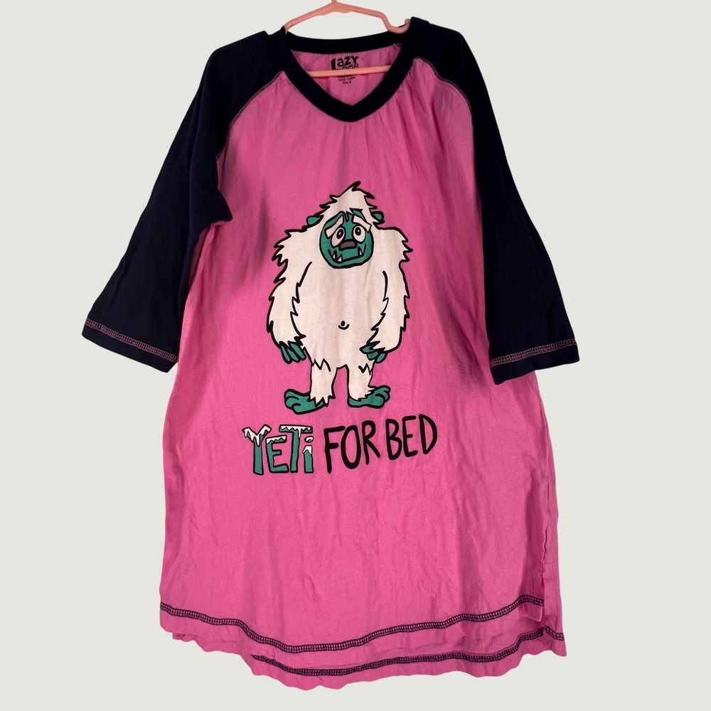 Lazy One Kids Yeti For Bed Pink Navy Raglan Cotton Nightgown Size S